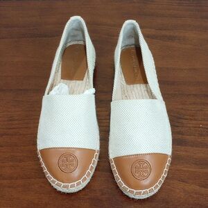 Tory Burch Colorblock Tan Leather & Jute Logo Espadrille Flat ~ Size 8M